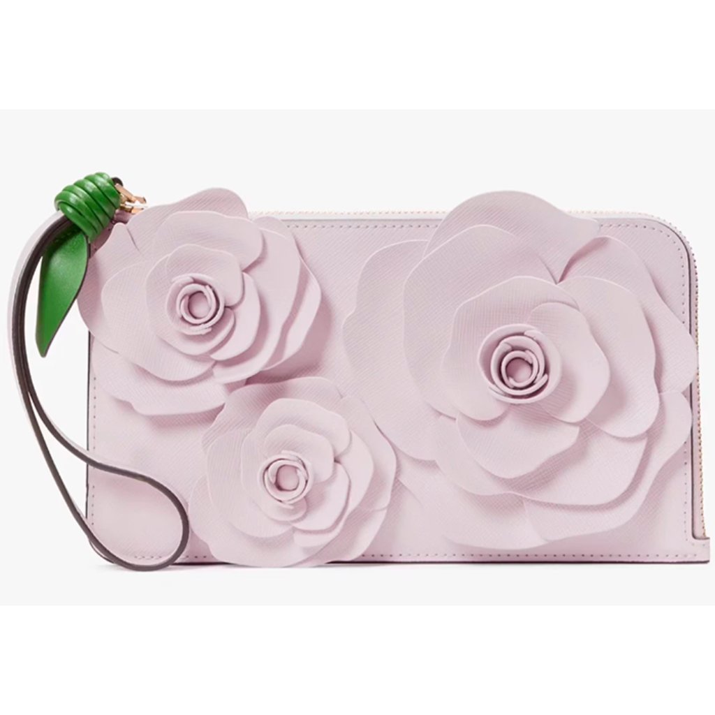 S Kate Spade Flora Flower Medium L-Zip Pale Amethyst Wristlet Kk972 Nwt Lilac